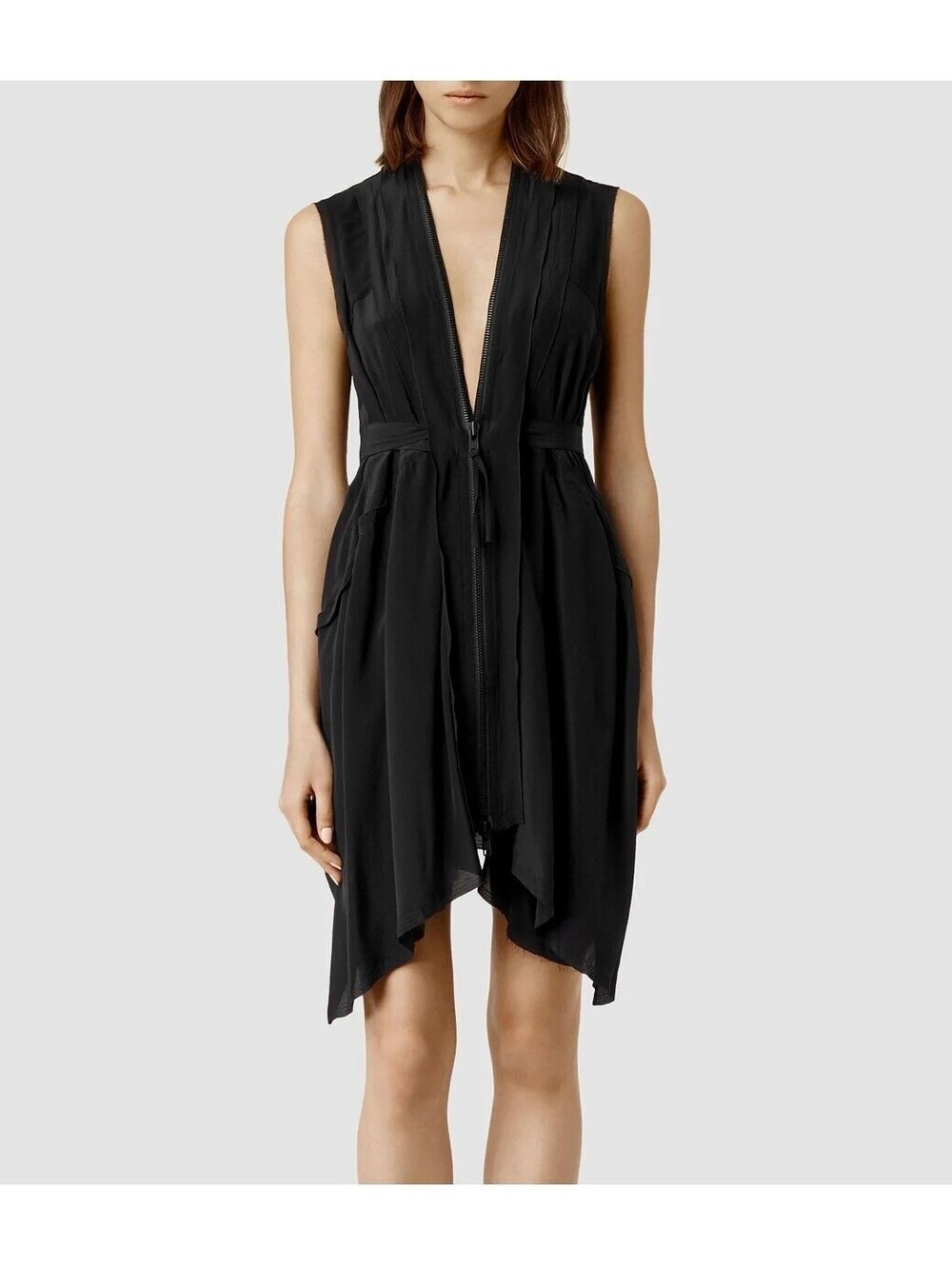 Vintage AllSaints 100% Silk Lewis Tunic Zip Vest Dress US 2